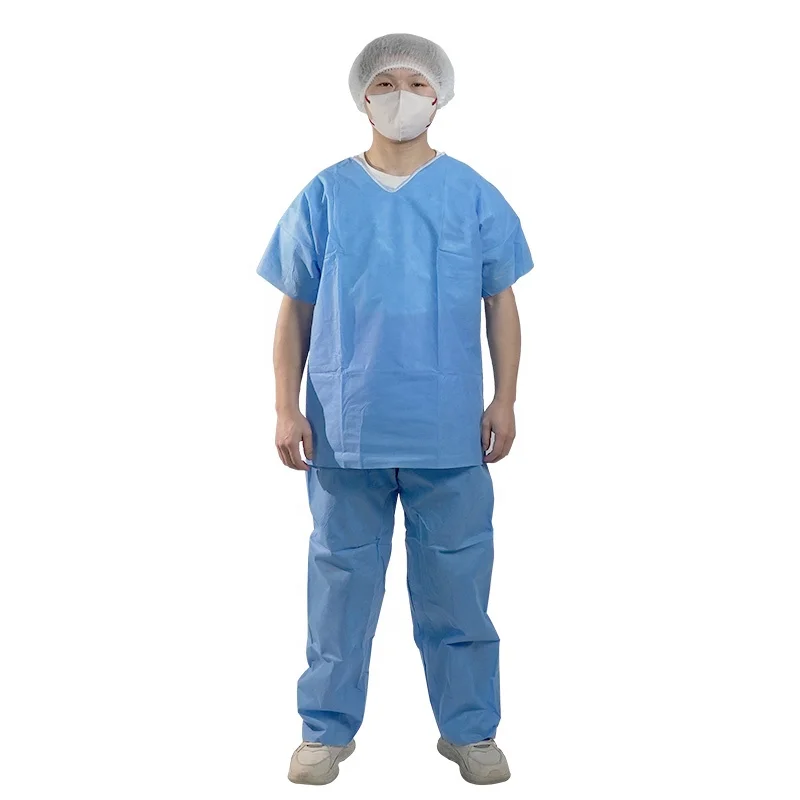 Unisex Hospital Adult Uniform PP SMS Non Woven Short Sleeves Isolation Gown Medical Surgical Disposable Scrub Suit