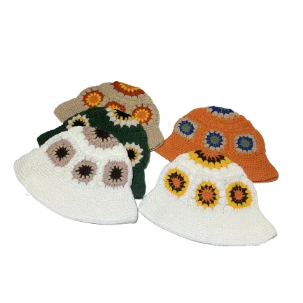 Colorful Knitted Bucket Hats Floral Crochet Hats Hand Made Cloche Cap Knitting Cap Beanies