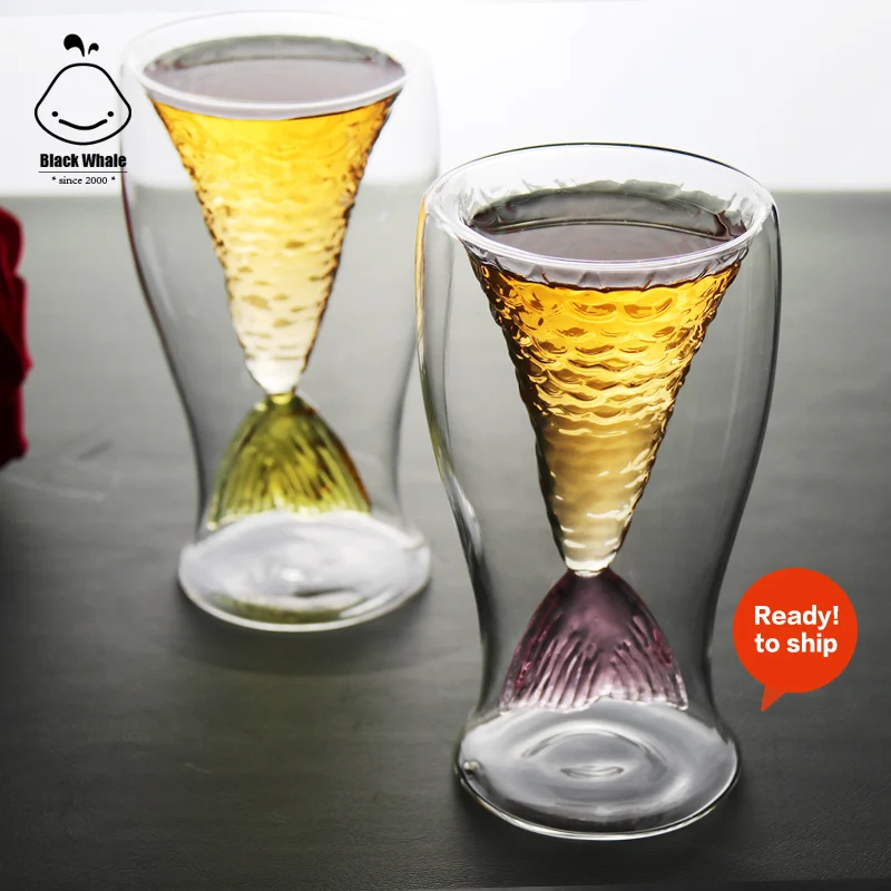 Wholesale Creative Mini 80ml glass mug Mermaid Fish Tail glass barware Crystal Clear Cocktail Glasses Double wall glass cup