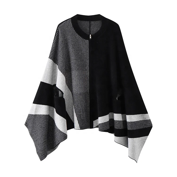 Knitwear manufacturers custom stitching color crew neck women knitted cardigan poncho sweater