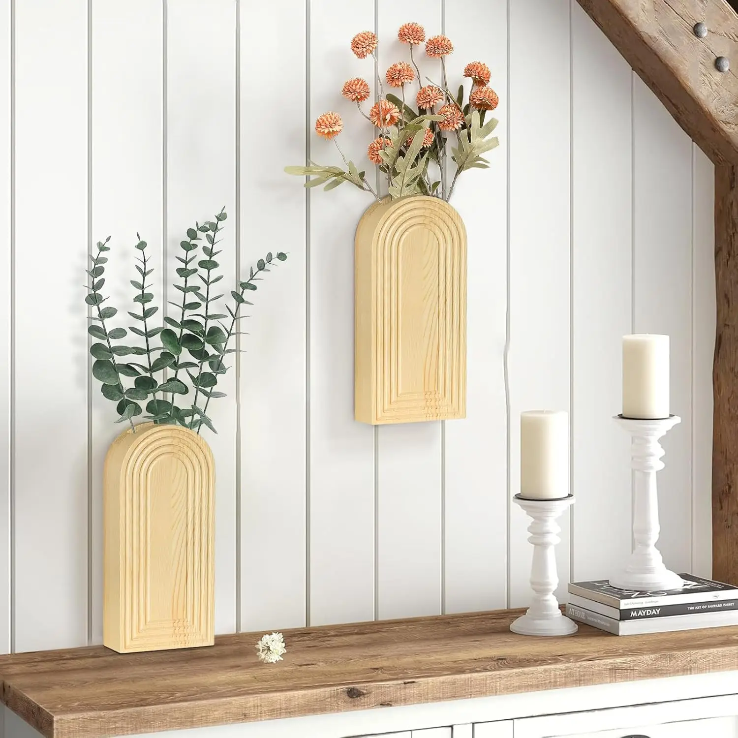 2 Pack Modern Farmhouse & Boho Wood Wall Vase for Entryway Hallway & Bathroom Decor Home Decor Modern Wood Art