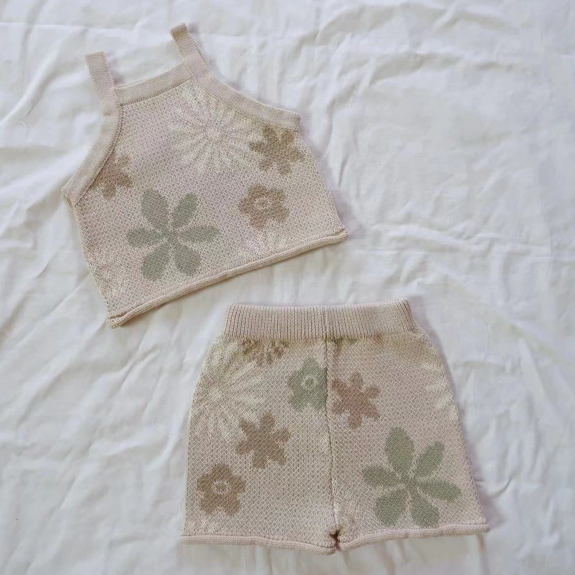 Green Brown White Floral Short Sleeve Knitting Set  Floral Baby Boy Girl Knitting Suit 2pcs