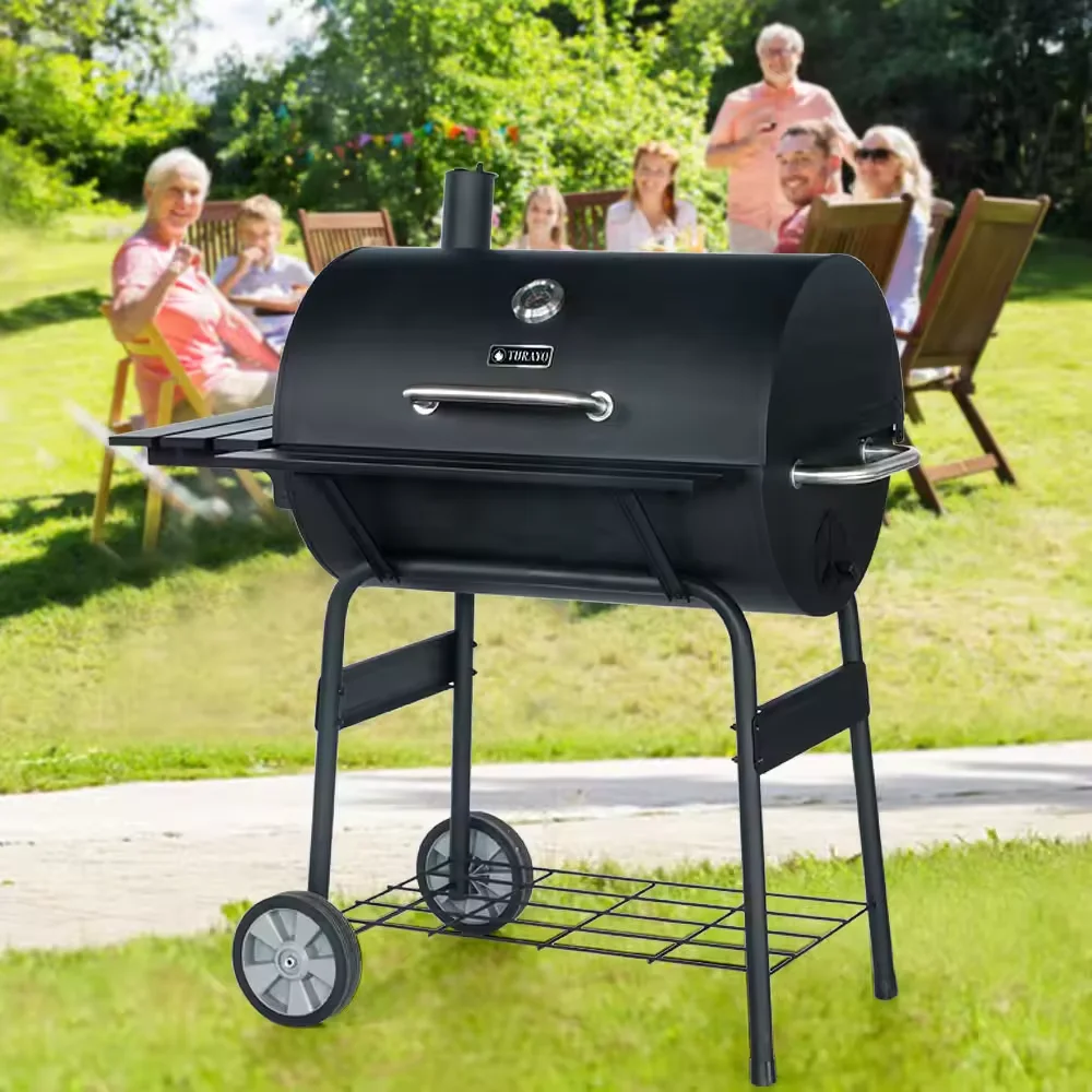 6-10 People Black Powder Coated Outdoor Barbecue Barrel Grills Offset Smoker Charcoal BBQ Grill For Barbeque Trolley BBQ Grill