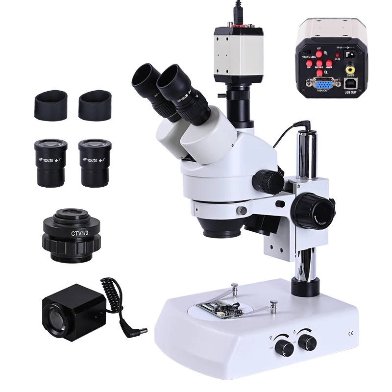zoom 7X-45X Stereo trinocular Microscope digital 2k USB VGA CVBS camera + 1/3 adapter + LED Light soldering phone repair OSL-509