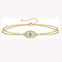Drop shipping Wholesale Stainless Steel Jewelry Double Chain Custom Gold Plated Blue Evil Eye Charm Bracelet 18K