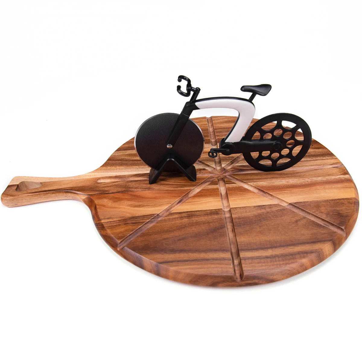 Wholesale Vintage Round Shape Wooden Pizza Cutting  Serving Board Plate Peel Tray with Pizza Cutter Knife