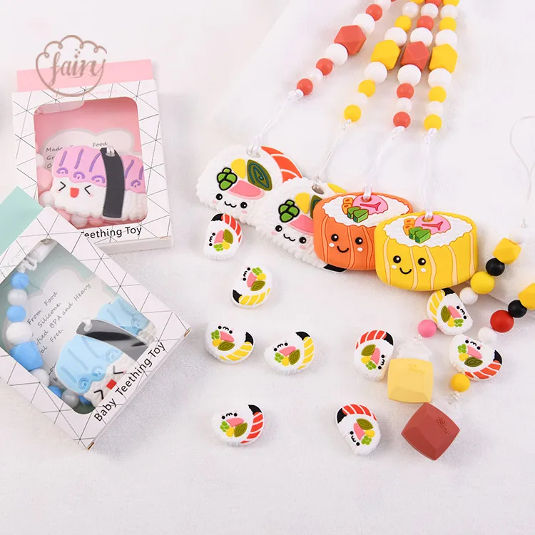 Manufacturer BPA Free Food Grade Teething Ring Toys Funny Silicone Chewable Sushi Food Shape Baby Teether