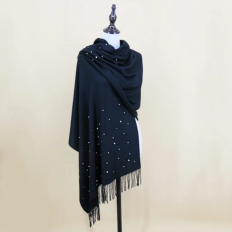 Shawls and Wraps for Women Pashmina hijab Solid Color Cashmere china scarfs  from China with pearl
