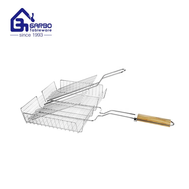 BBQ Tool Iron Grill Mesh Square Grilled Wire Clamp Fish Chicken Beaf Clip Barbecue Grilling Net With Rubber Wood Handle