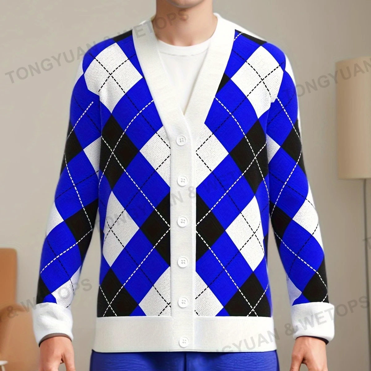 BSCI Clothes Manufacturer Sigma Design Royal Blue Pure White V-Neck Knitted Winter Plaid Greek Fraternities Pattern Sweater