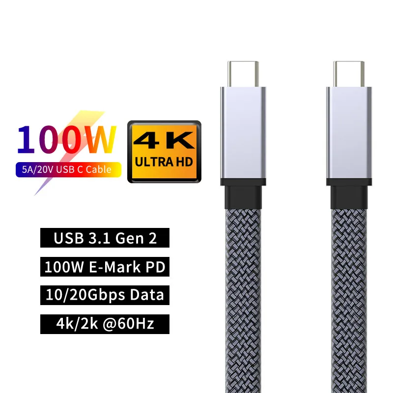 Dataroad Wholesale Custom flat Braid Nylon100W 3.5MM Type C USB C To USB C charging cable