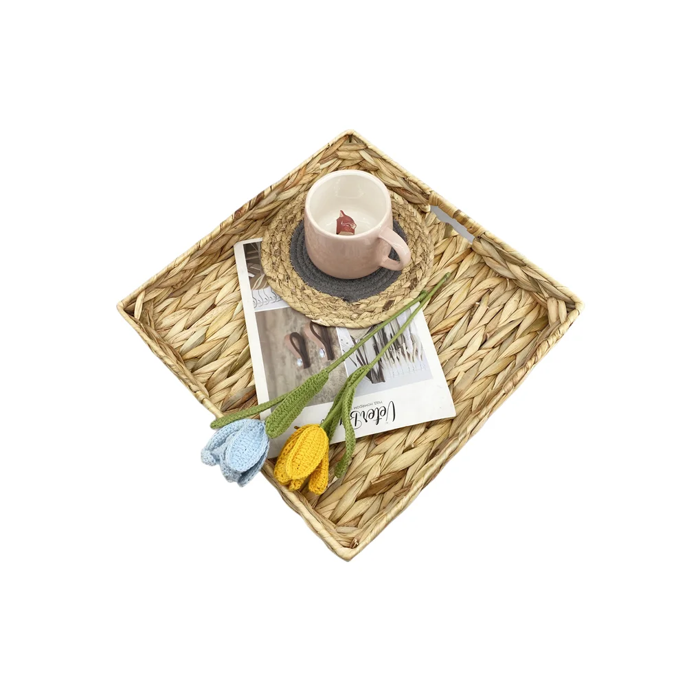 Natural Water Hyacinth Storage Tray Box with Handle, Rectangular Wicker Tray for Display, Decorative Straw Storage Baskets
