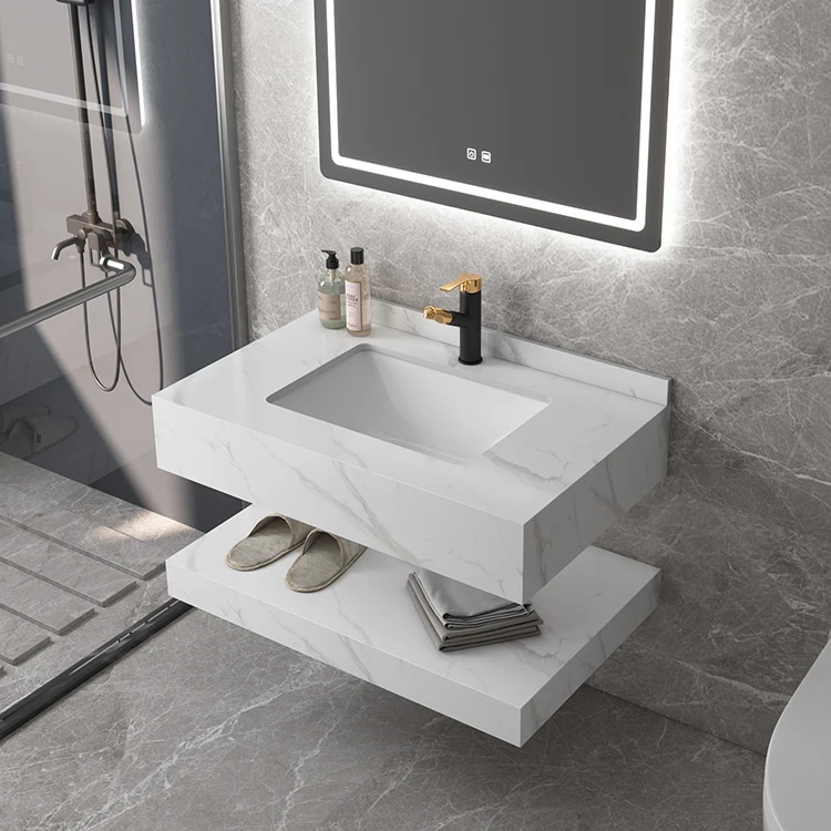 Tarpul Marble Solid Surface With Mirror Artificial Stone Cabinet Basin Wall Hung Bathroom Ceramic Sink Vanity Slab Basin