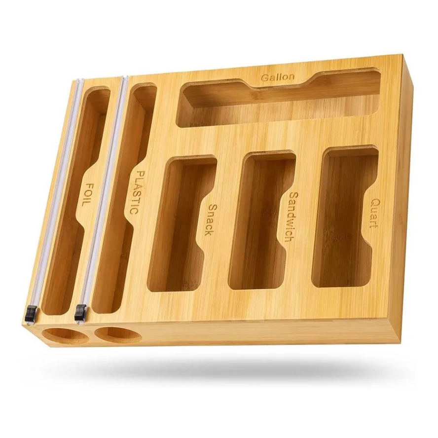 6 In 1 Wall Mount Bamboo Ziplock Bag Storage Organizer Foil Dispenser Drawer Bamboo Ziplock Bag Organizer For Kitchen