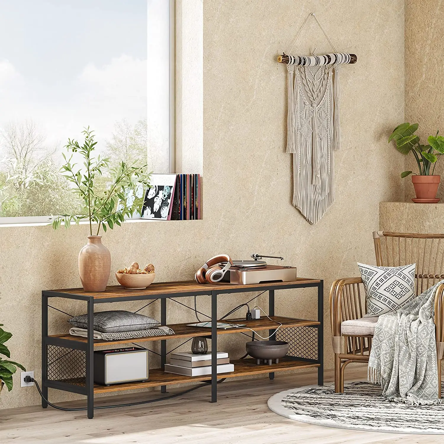 TV Stand TV Console Table with Open Storage Shelves with Charging Station 3-Tier for Living Room