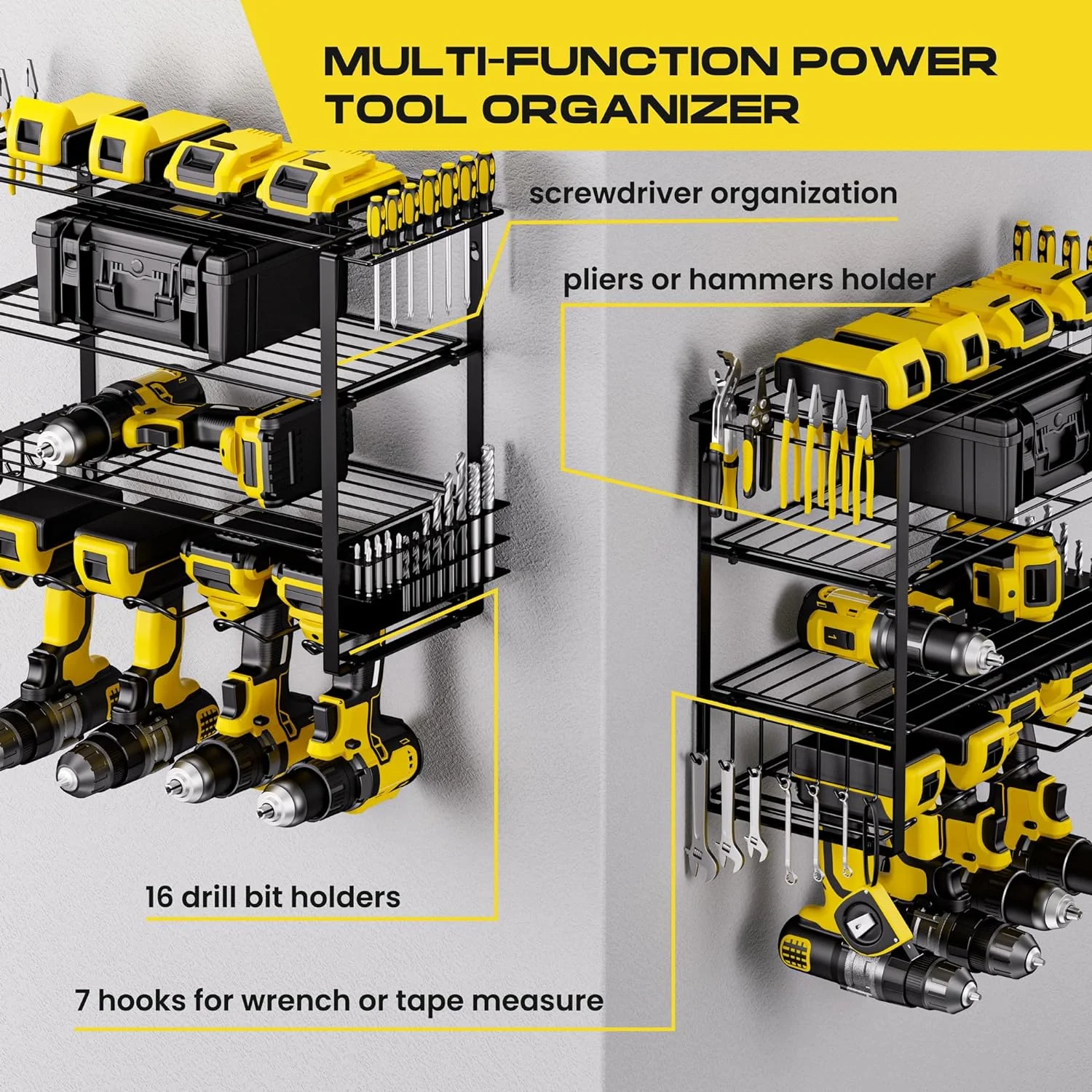 Power Tool Organizer Wall Mount 4 Tier Heavy Duty Metal Shelf Rack for Dewalt Tools Screwdrivers Pliers and 4 Drill Racks Garage