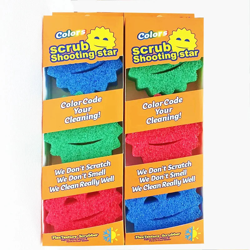 Factory Custom 3pcs Pack Color Box Scrub Smiley Face Sponge for Kitchen Washing Deep Cleaning Temperature Control Scratch-Free