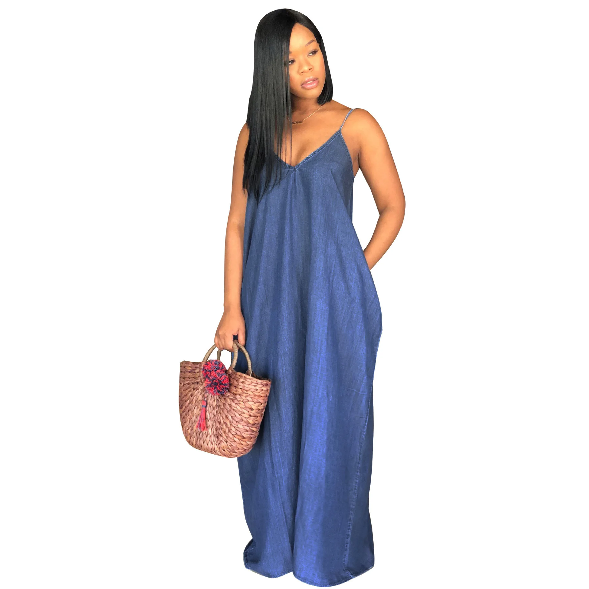 
Summer casual solid loose off shoulder maxi dresses long women denim dress 