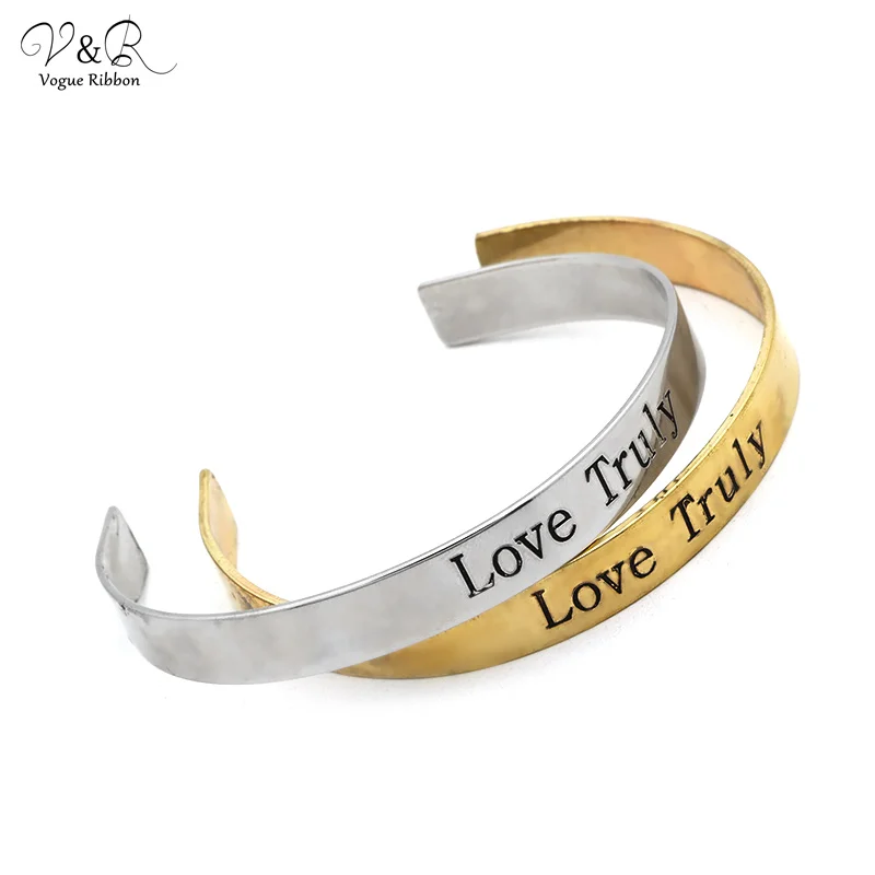 V&R OEM Rhodium Personalized Alphabet Letter Engraved Open Man Gold Plated Cuff Bangle Bracelet For Women