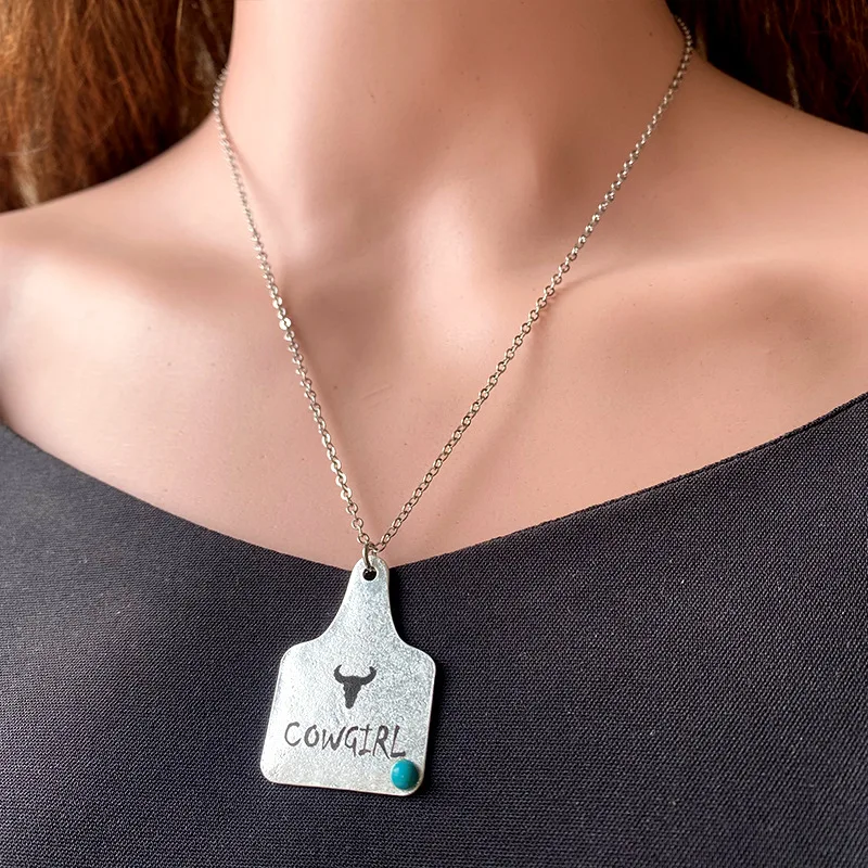 Western Cowboy Cowgirl Jewelry Buffalo Cactus Horseshoe Engraved Cow Tag Pendant Necklace With Turquoise