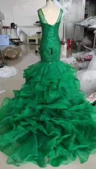 2023 Africa Style Sexy Deep V neck royal blue Mermaid Wedding Dresses Green Lace Appliques lace up Back fish tail Wedding Dress