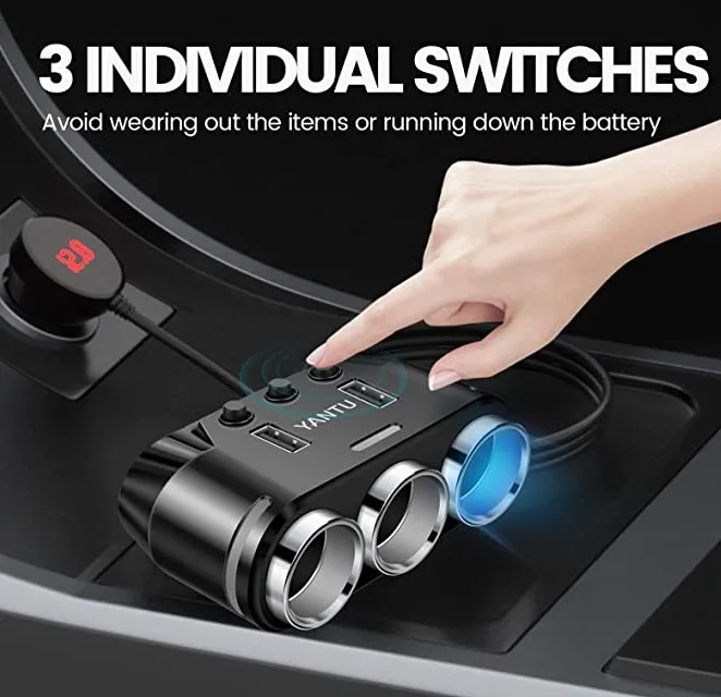 Cigarette Lighter Adapter 3 Socket Cigarette Lighter Splitter with LED Voltage Display Dual USB Car Charger Switches 12V