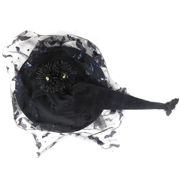 
Big Brim Black Fedora Hat Hats Women Felt Witch Hat With Bat Printing And Flower 