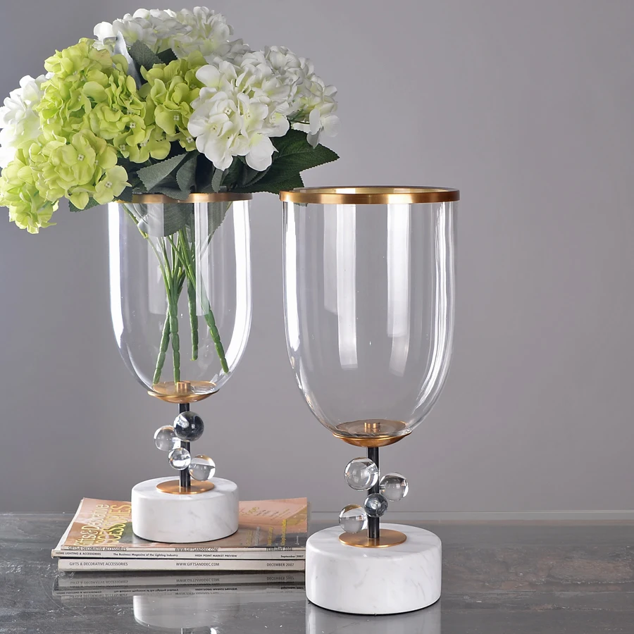 LUXURY HOME DECORATIONS GLASS VASE WITH MARBLE AND BRASS BASE TRANSITIONAL DECORATIVE HOME ACCENTS