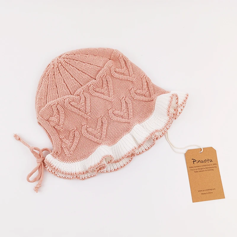 Paleo Baby Knitted Bonnet Kids Cute Pink Adjustable Vintage Jacquard Soft Baby Girl Knit Bonnets Newborn Cotton Lace Hat