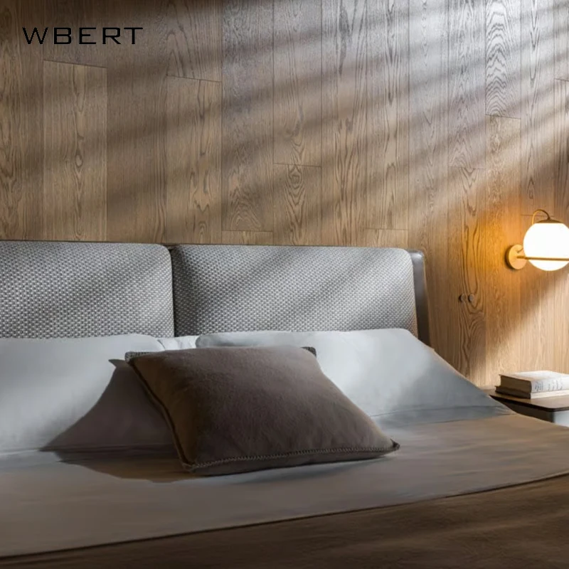 WBERT Italian 1.8m Modern Double Bed Minimal Leather & Solid Wood Frame with Metal & Fabric Soft Upholstered Bed