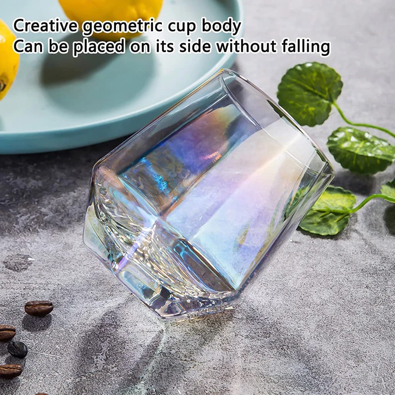 Crystal Glass Spirit Bourbon Cognac Scotch Cocktails Whiskey Glass 10oz Rainbow Diamond Stemless Wine Glasses Set for Wedding