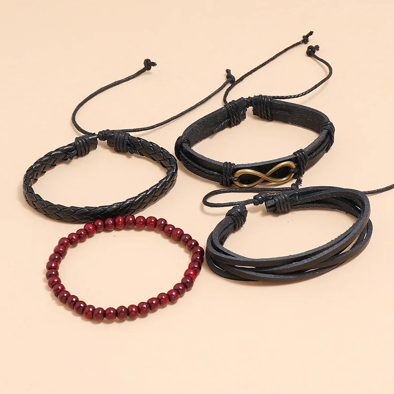 Men Woven Hemp Rope Leather Hand Chain Set Beads products Bracelet bracelet mens accessories