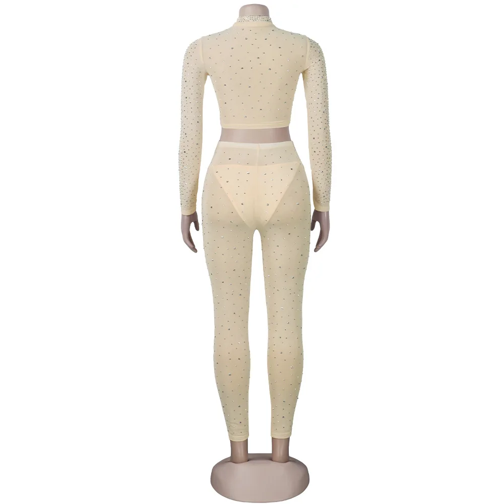 2022 R11126 - pants and crop top sexy rhinestones mesh see through transparent sheer long sleeve women outfits plus size