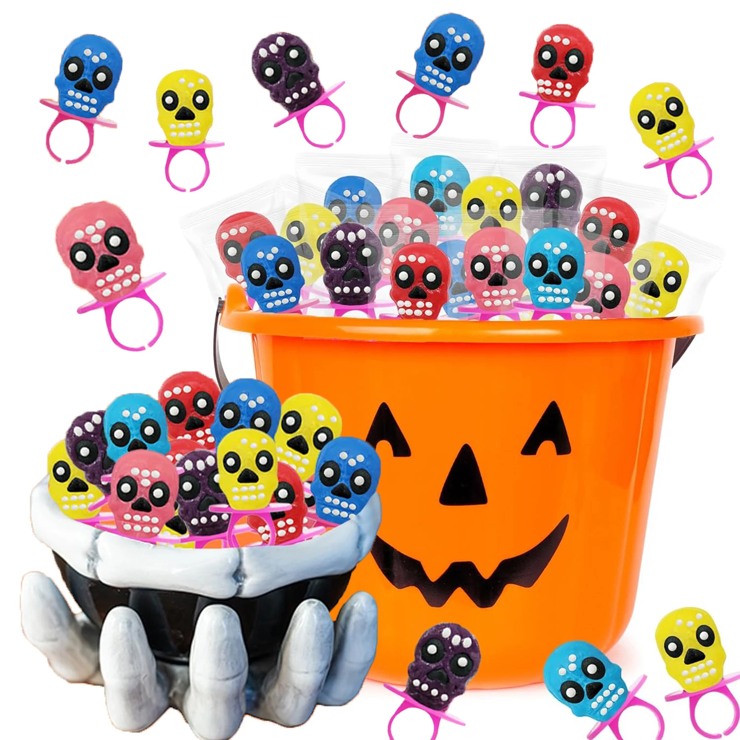 CandyQueen New Halloween Cartoon Skull Shape Fruit Ring Lollipop Hard Candy Toy Kids Wholesale