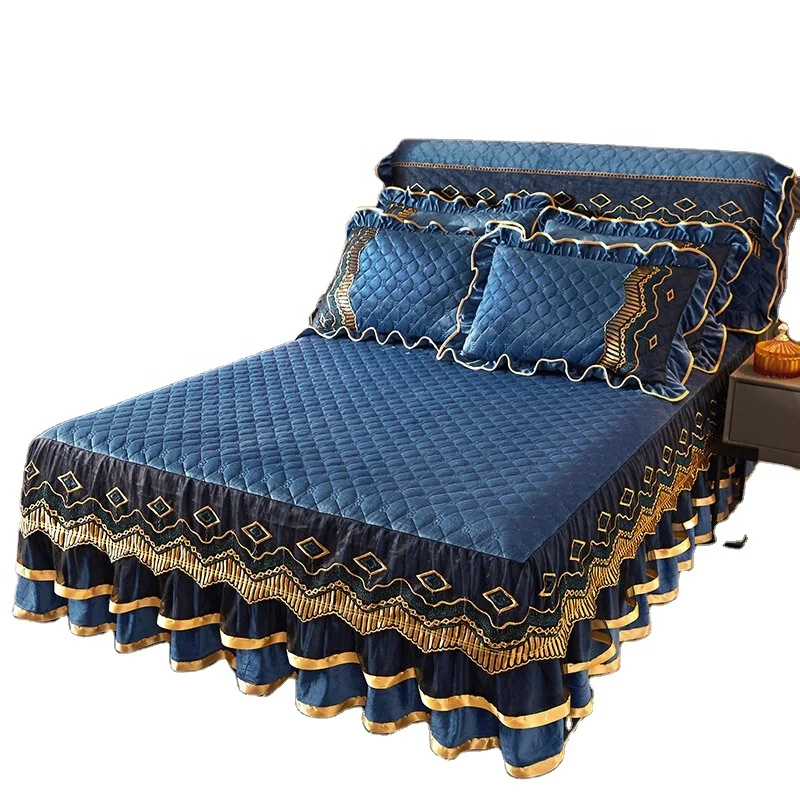 Bed Spread Home Soft Bedding Set Embroidery Thickened Cotton Velvet Bedspreads  Bed Skirt Set