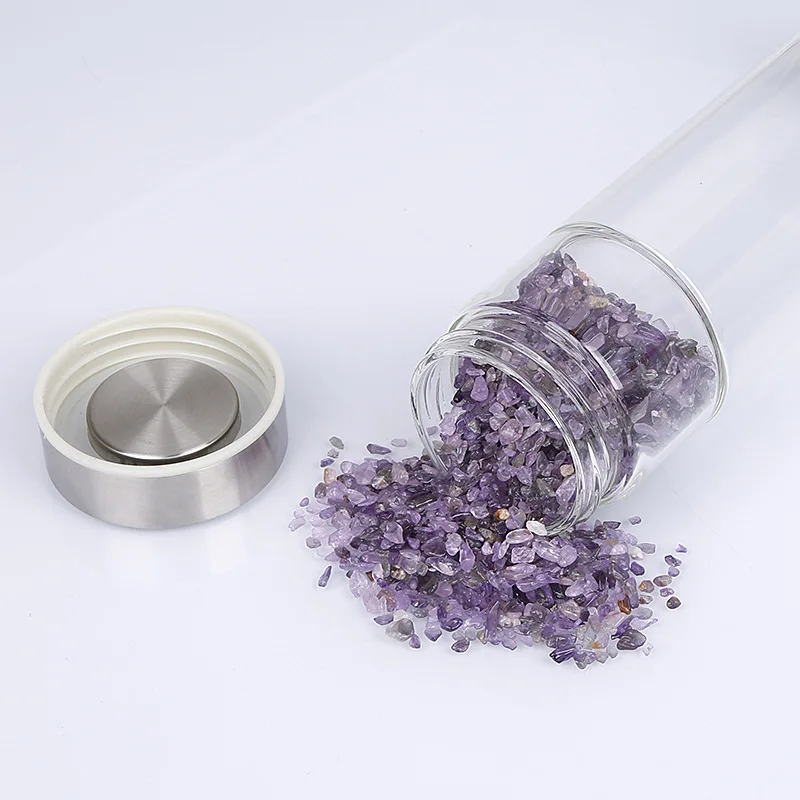 High Quality Natural Crystal Wide Mouth Drinking Water Bottles With Sleeves Healing Quartz  Elixir Water With Crystal Inside