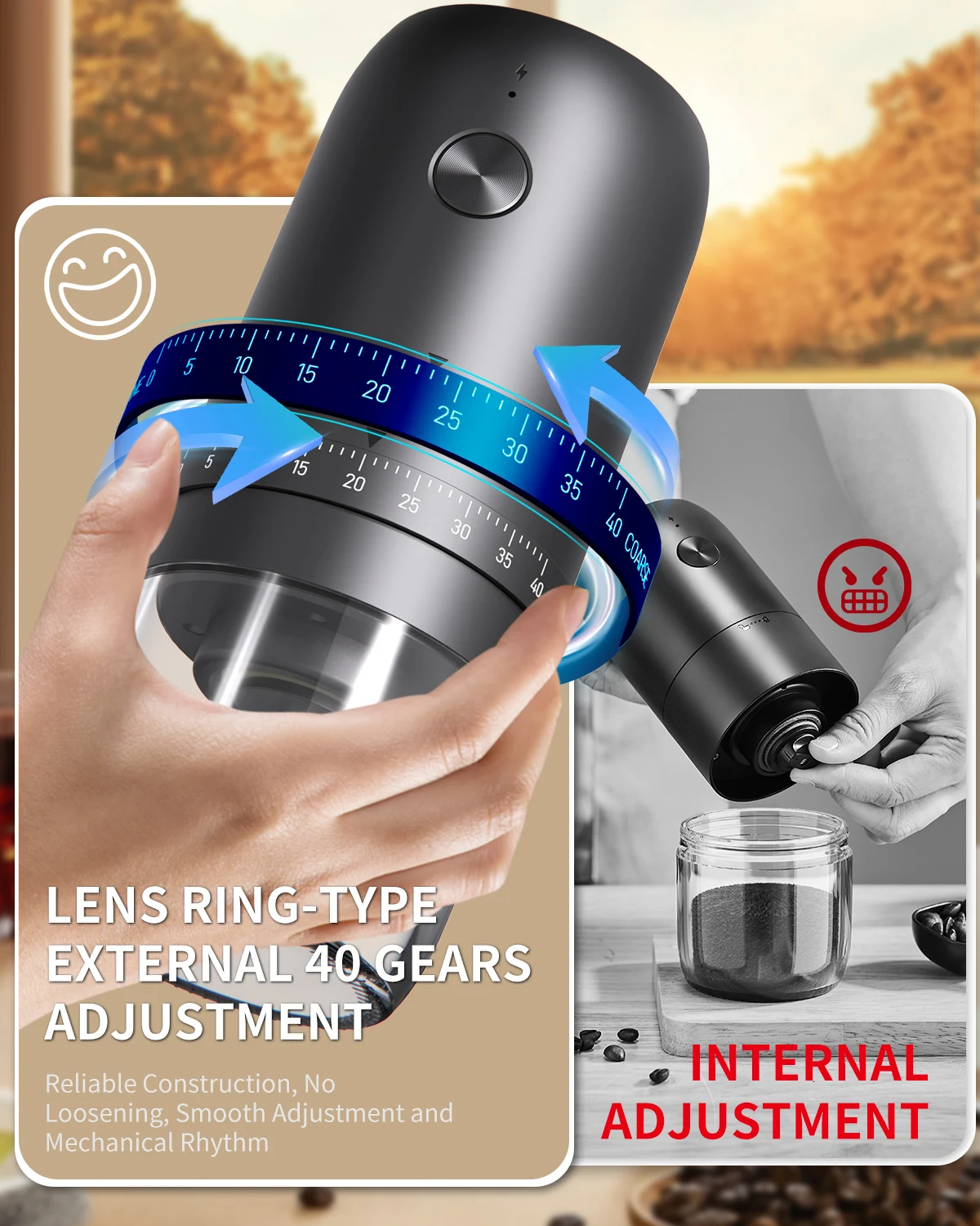 New Product External Gear Adjustment Custom Logo Coffee Bean Grinder Outdoor Home Office Use Electric Coffee Grinders