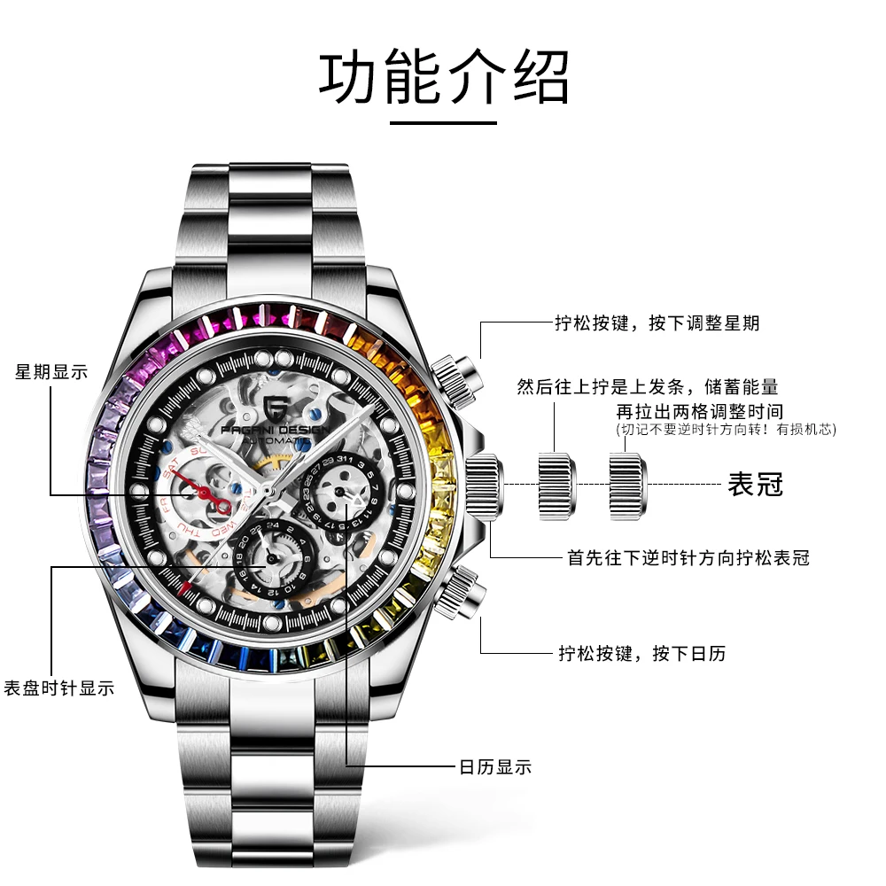 PAGANI DESIGN fashion Stainless Steel Waterproof Watch for Men with Diamond mechanical Movement