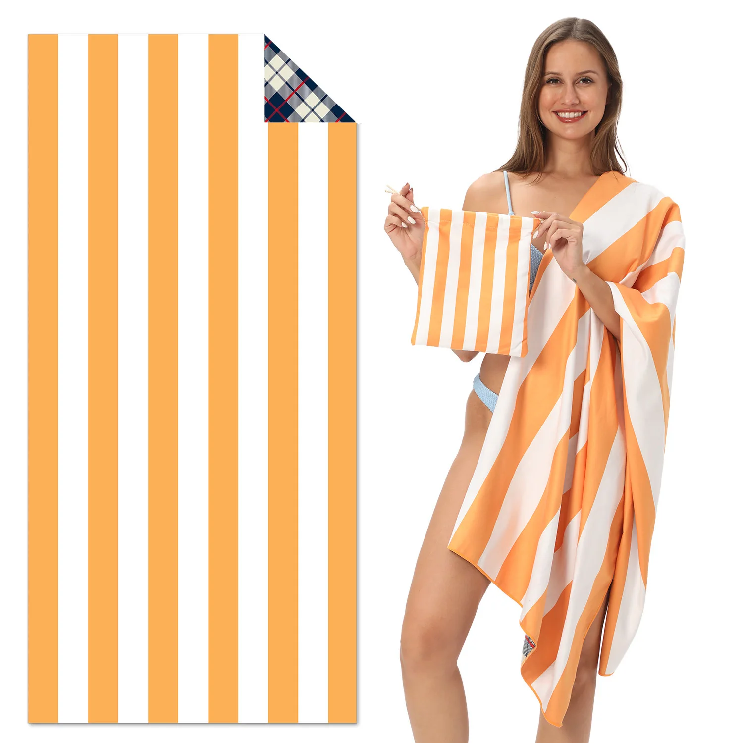 80*160cm Orange Striped Double Printed Microfiber Quick Dry Super Absorbent Ultra Compact Lightweight Beach Towel for Trip Pool