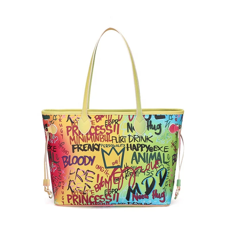 
2020 new designer Graffiti tote bag OEM branded lady fashion 6pcs waterproof hand bags women PU leather handbags sets 