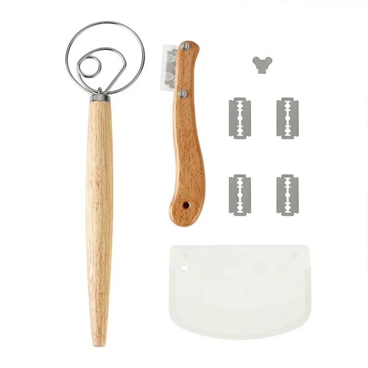 Wholesale new pp rubber wood beginner guide dough whisk plastic scraper kitchen baking bread making tools set