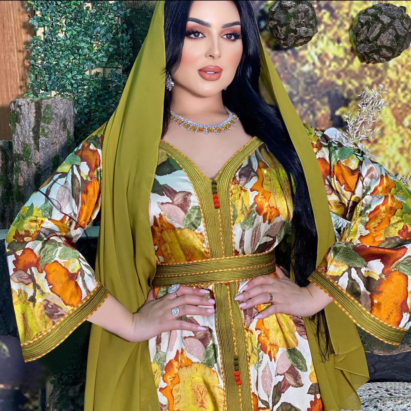 New Floral Ethnic Clothing Ribbon Maxi Dress Women Muslim Hijab Eid Long Sleeve Loose Arabic Abaya Dubai Islam Morocco Caftan