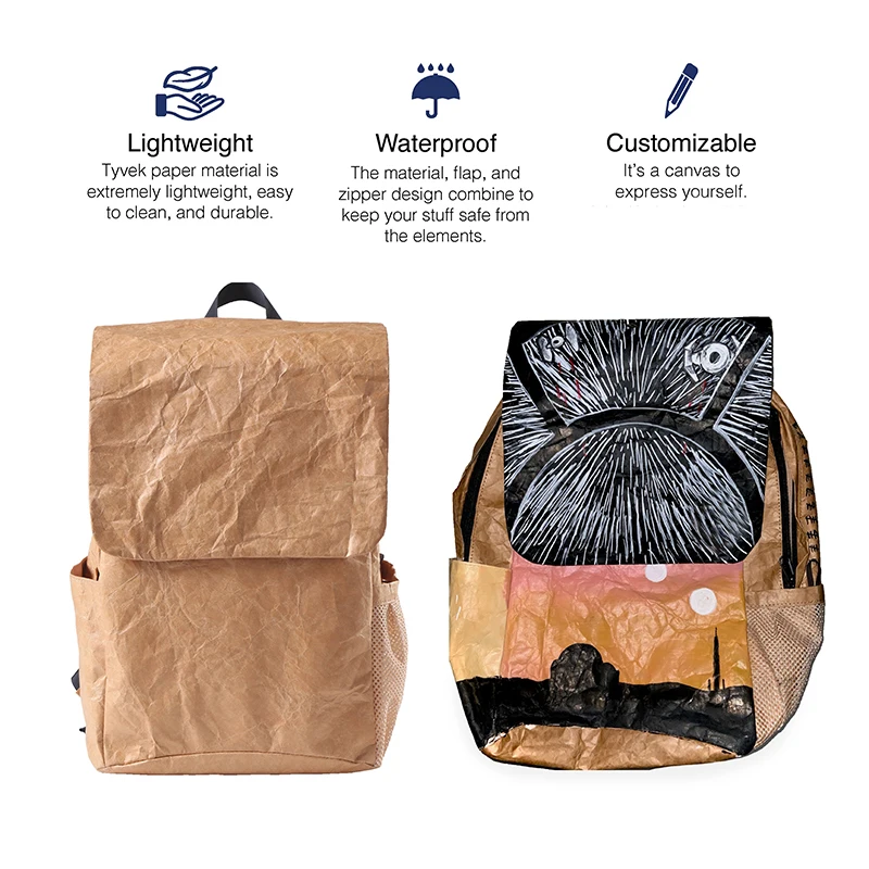 high quality customized ECO friendly durable tyvek paper drawable  casual bag reusable waterproof  backpack