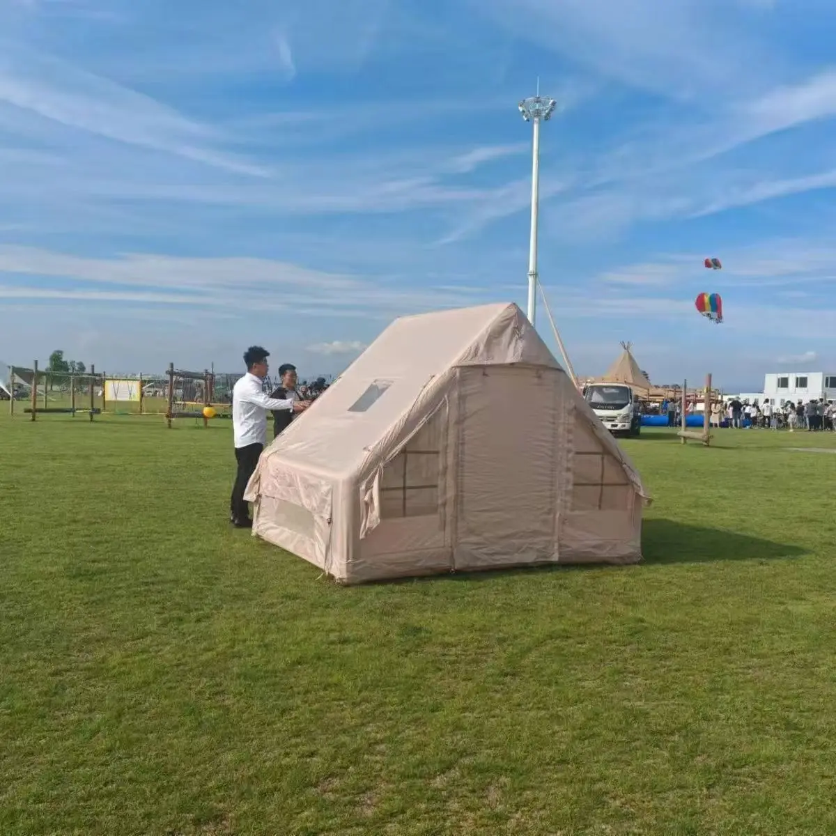 Luxury Two-Bedroom Inflatable Camping Tent with Atmosphere Light Strip Waterproof Oxford Fabric for Outdoor Family Camping