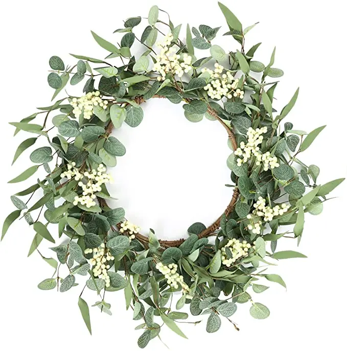 Wholesale Artificial Eucalyptus Wreath,with Fern Leaves and Round Cream Berries ,for Wedding,Party,Home Decor