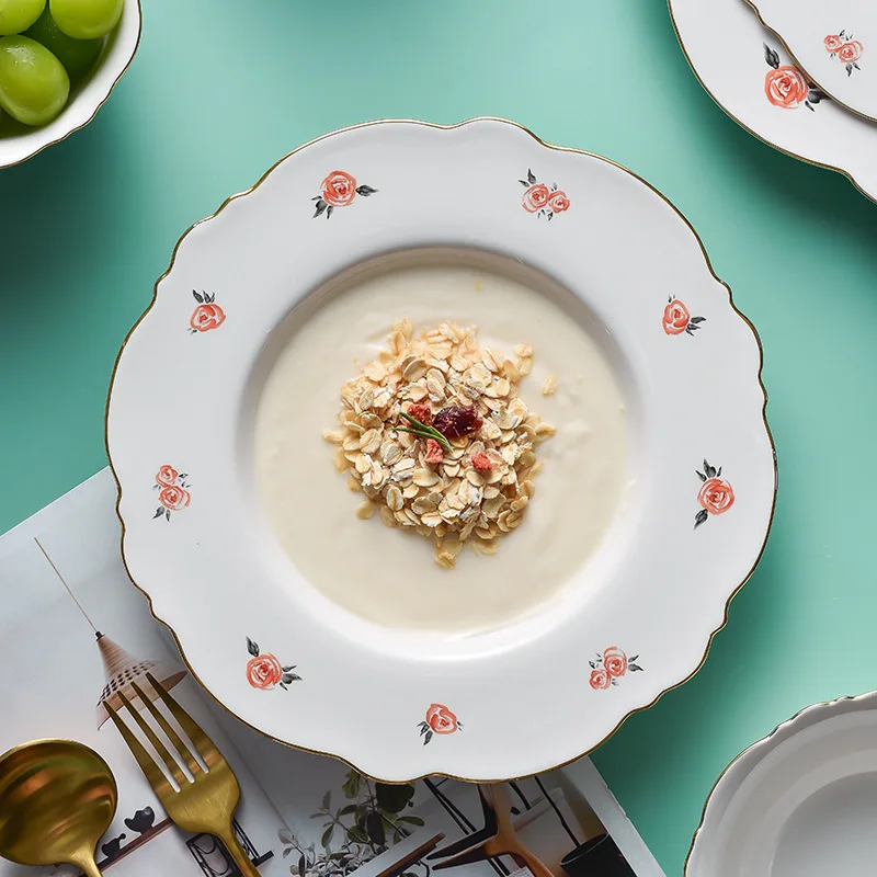 Wholesale Floral Ceramic Plate Rose Design Ceramic Plates Gold Rim For Wedding