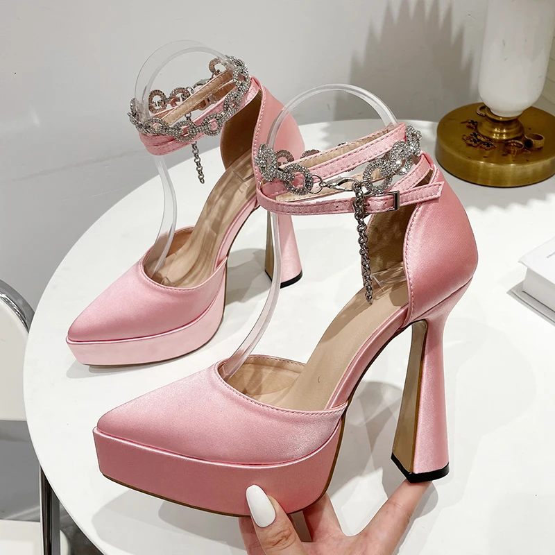Chunky Heels Silk Pointed Toe 2022 Platform Pumps Solid High Heels Crystal Ankle Strap Buckle Wedding Party 35-42 Women Shoes