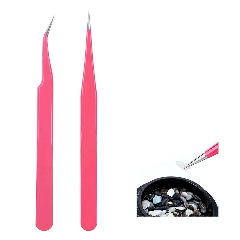 Stainless Steel Curved Straight Pink Tweezer Nail Art Rhinestones Nipper Picking Tool Sequins Beads Nail Tweezers