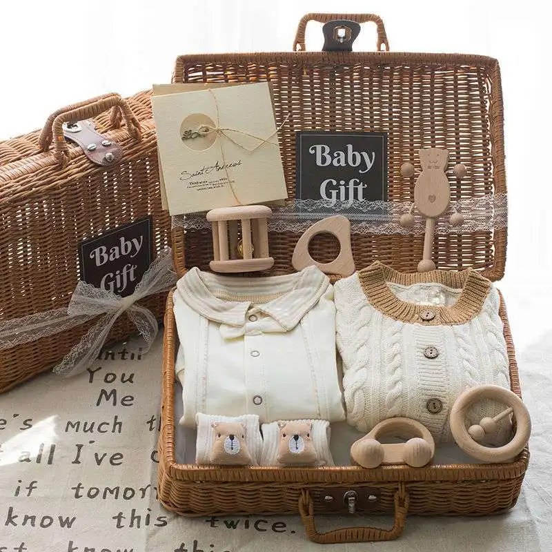 New Luxury rattan box unisex crochet newborn clothes baby gift set jumpsuits & rompers with wooden toys