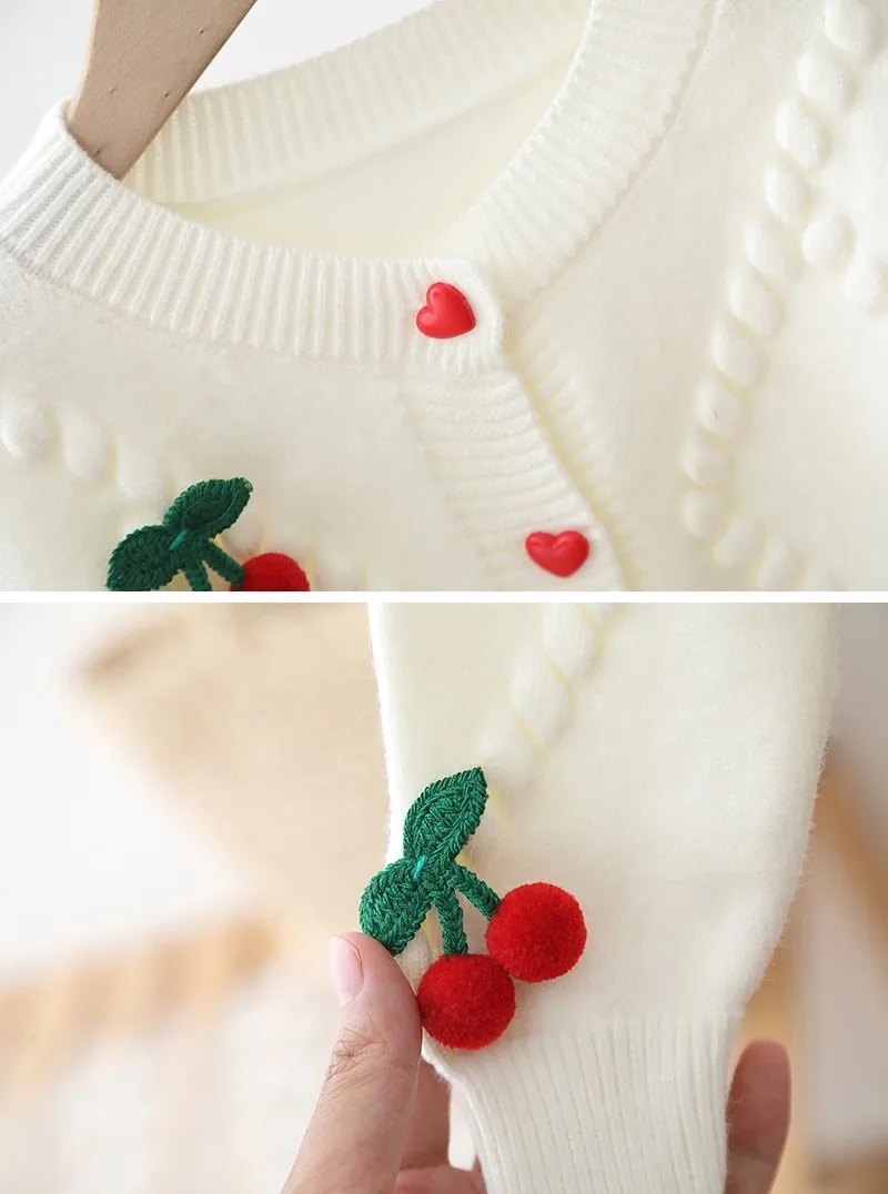 Autumn New Baby Wool Jacket Cute Pullover with Cherry Pattern Outfit Knitted Warm Top Cardigan For Girls With Heart Button